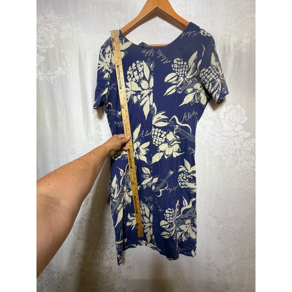 Hilo Hattie Dress Medium Blue Cream Floral Pineapple Print Made in Hawaii Sarong - Picture 8 of 8